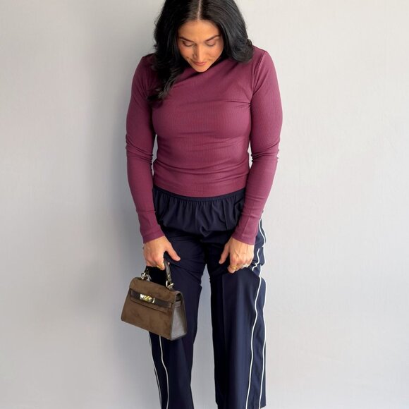 Women’s Plum Ribbed Turtleneck Top – Long Sleeve Stretch Layering Tee - Picture 8 of 8